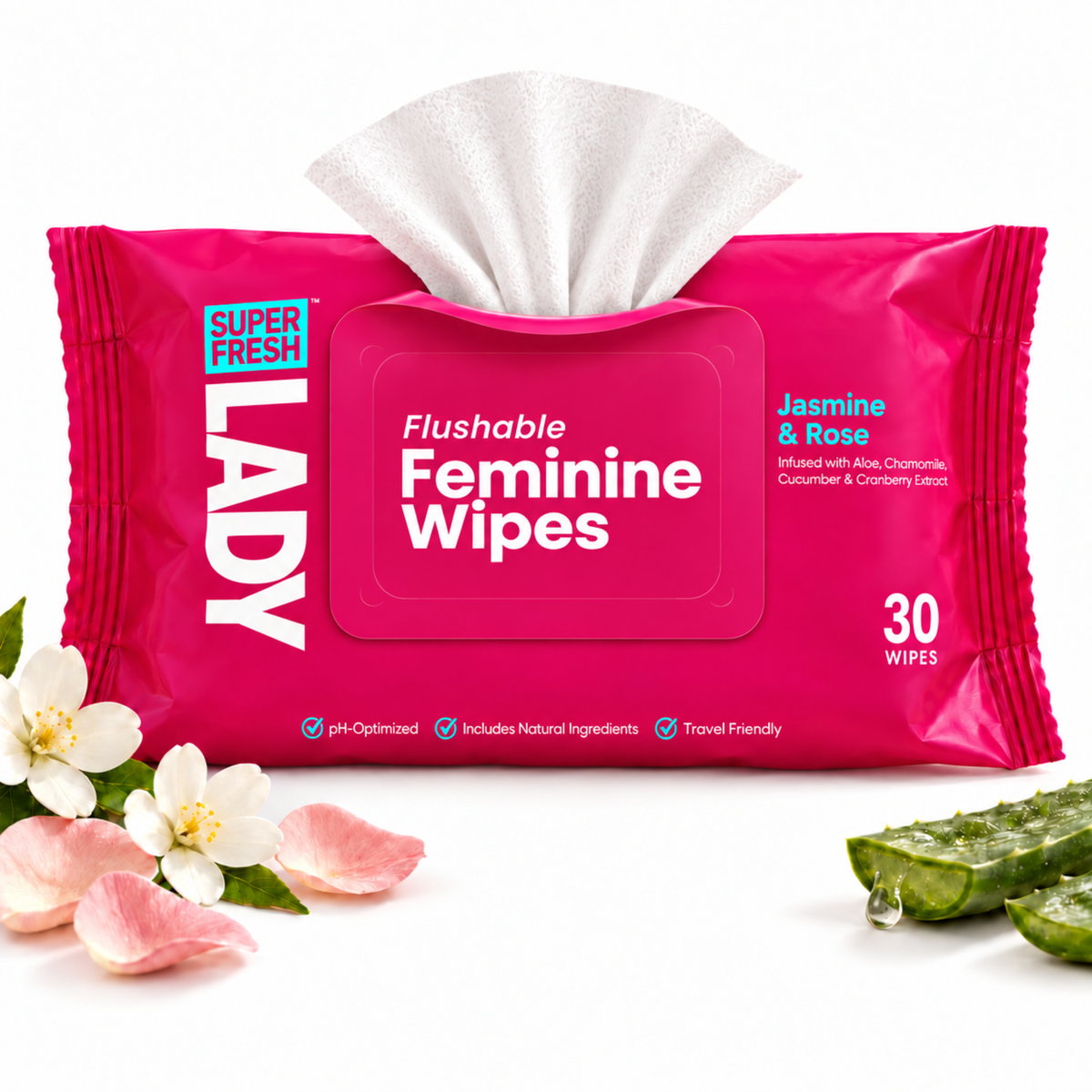 Feminine Wipes for Lady Parts [Jasmine + Rose] - 30 Count Flow Pack