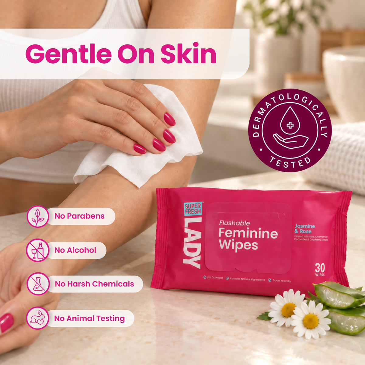 Feminine Wipes for Lady Parts [Jasmine + Rose] - 30 Count Flow Pack